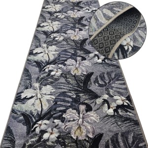 Chodnik dywanowy GREY MONSTERA szary z motywem liści – antypoślizgowy, dekoracyjny, na metry