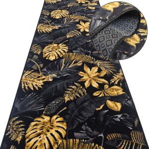 Chodnik dywanowy GOLD MONSTERA czarny ze złotymi liśćmi – antypoślizgowy, dekoracyjny, na metry